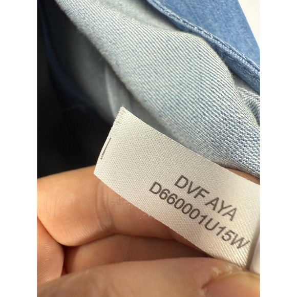 DIANE VON FURSTENBERG DVF "Aya" Tie Waist‎ Raw Hem Chambray Blue Wrap Dress 2 - Picture 7 of 7